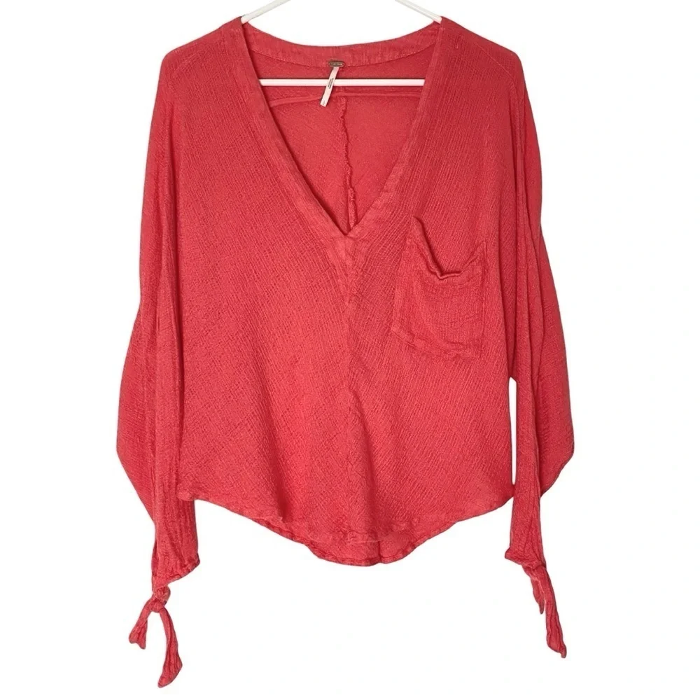 Free People Morning Gauze Top Womens Size Large V Neck Coral Orange Pocket Shirt